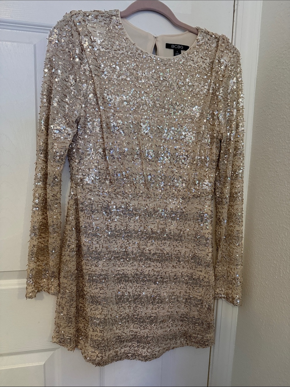 BCBG Champagne Sequin Long Sleeve Mini Dress